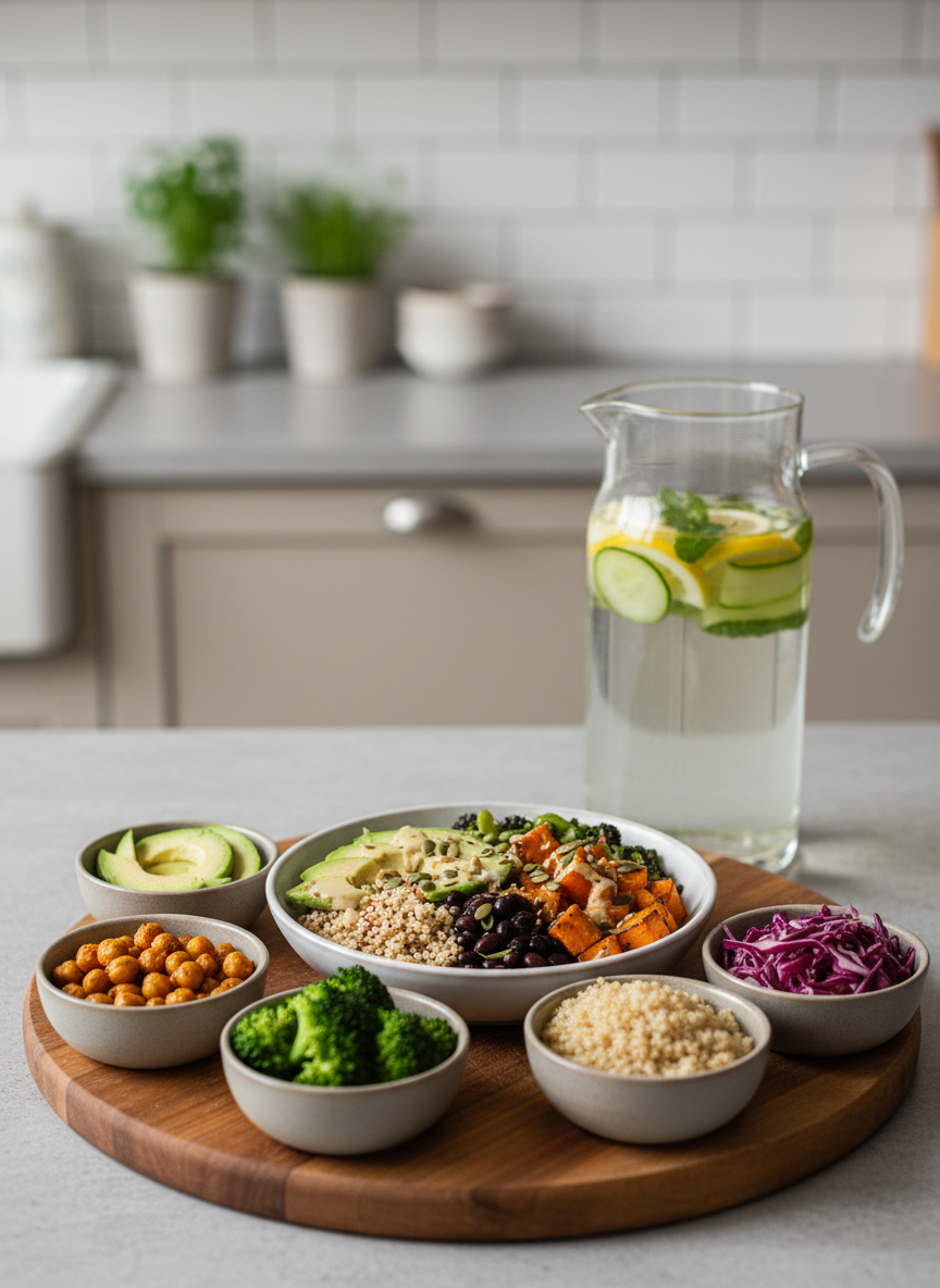 A close-up, eye-level photographic scene of a wooden cutting board displaying a colorful, balanced meal concept. On the board sit sliced avocado, roasted chickpeas, quinoa, steamed broccoli, and vibrant red cabbage, each in small matte-ceramic bowls arranged in a semicircle around a central white plate with a composed Buddha-style bowl. Behind them, a clear glass pitcher of infused water with lemon, cucumber, and mint rests on a light stone countertop. Soft, diffused daylight from a nearby window highlights natural textures and fresh colors, creating delicate reflections on the glass. The background gently blurs into a minimalist kitchen setting with pale neutral tones. The mood is nourishing, fresh, and optimistic, expressing holistic nutrition from the inside out. Photographic realism with vivid detail, shallow depth of field, and a clean, editorial composition.
