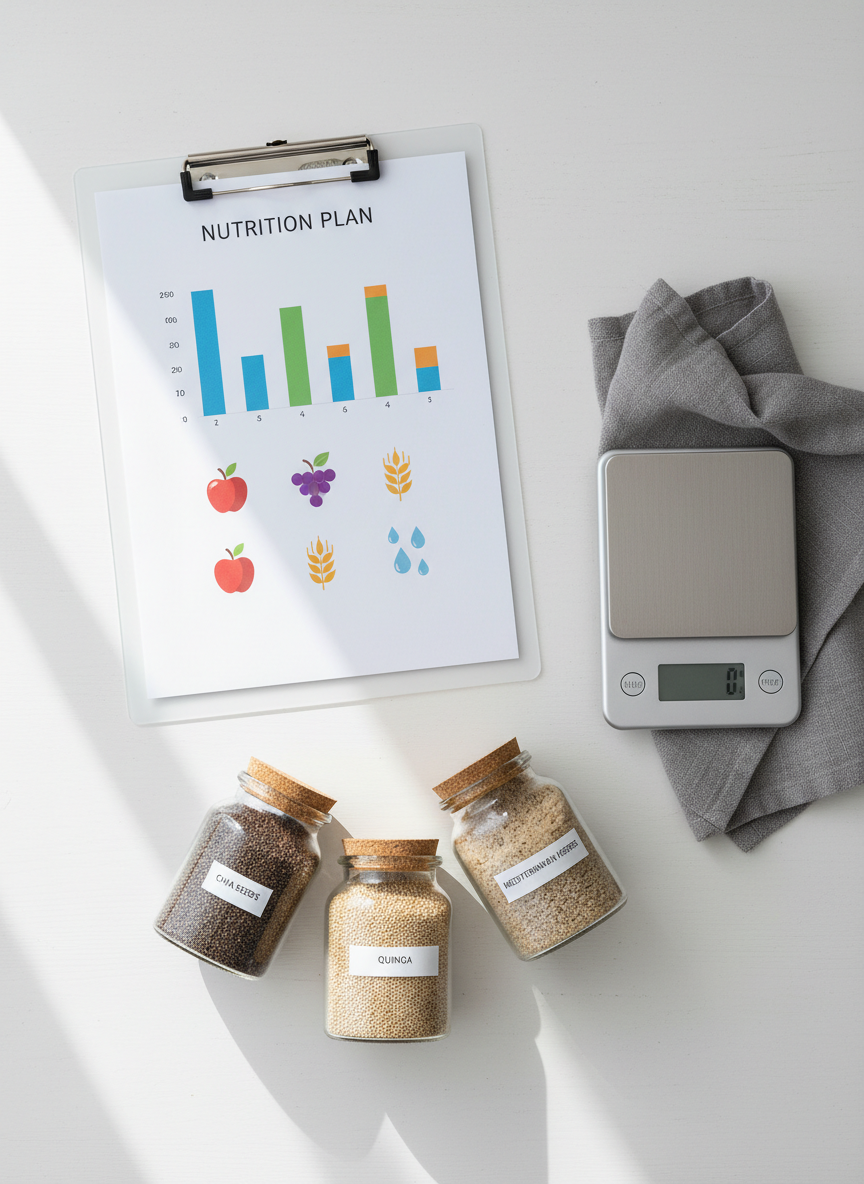 A vibrant overhead photographic shot of a carefully arranged nutrition consulting workspace. At the center, a sleek frosted-glass clipboard displays a minimalist nutrition plan with colorful charts and icons of fruits, grains, and water droplets. Surrounding it are neatly labeled glass jars of seeds, whole grains, and dried herbs, along with a stainless-steel digital scale and a soft gray linen napkin. Natural daylight from the left creates gentle, even illumination, casting soft shadows that add depth without clutter. The background is a clean white tabletop with subtle texture, slightly blurred at the edges. The mood is professional, calm, and organized, emphasizing clarity and holistic living. Photographic realism with a clean, modern aesthetic, composed using the rule of thirds for a balanced, welcoming homepage hero image.