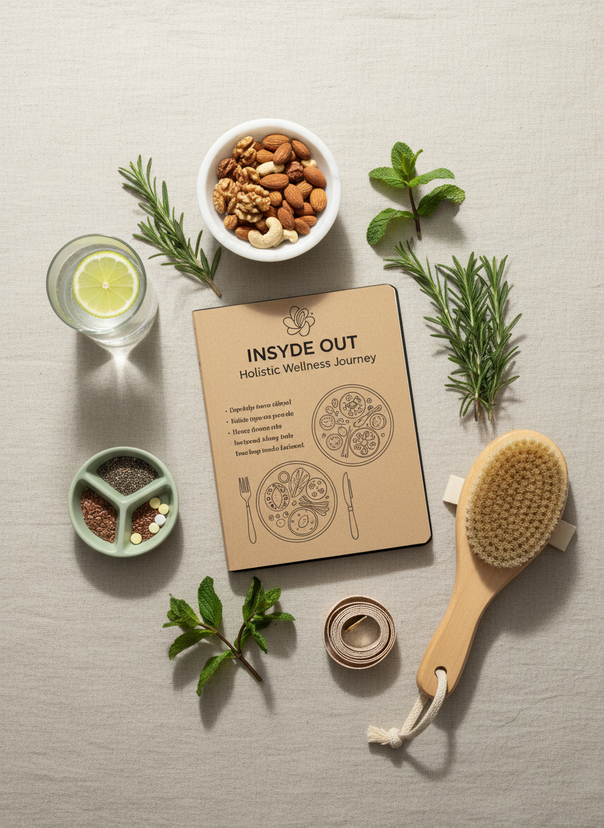 A serene flat-lay photographic composition symbolizing holistic living, arranged on a pale sand-colored linen surface. At the center is an open, kraft-covered wellness journal with handwritten notes and simple line diagrams of balanced plates. Surrounding it are sprigs of fresh herbs, a small marble bowl of mixed nuts, a neatly coiled measuring tape, a soft-bristle wooden dry brush, and a minimalist glass of water with a single lime slice. A subtle green ceramic dish holds supplements and seeds in tidy sections. Soft, overcast natural light from above-right creates a gentle, even glow with almost no harsh shadows, enhancing textures. The mood is reflective, balanced, and quietly luxurious. Shot from directly overhead with sharp focus throughout, creating an organized, editorial look that reinforces the “Insyde out” holistic philosophy in a professional, modern style.
