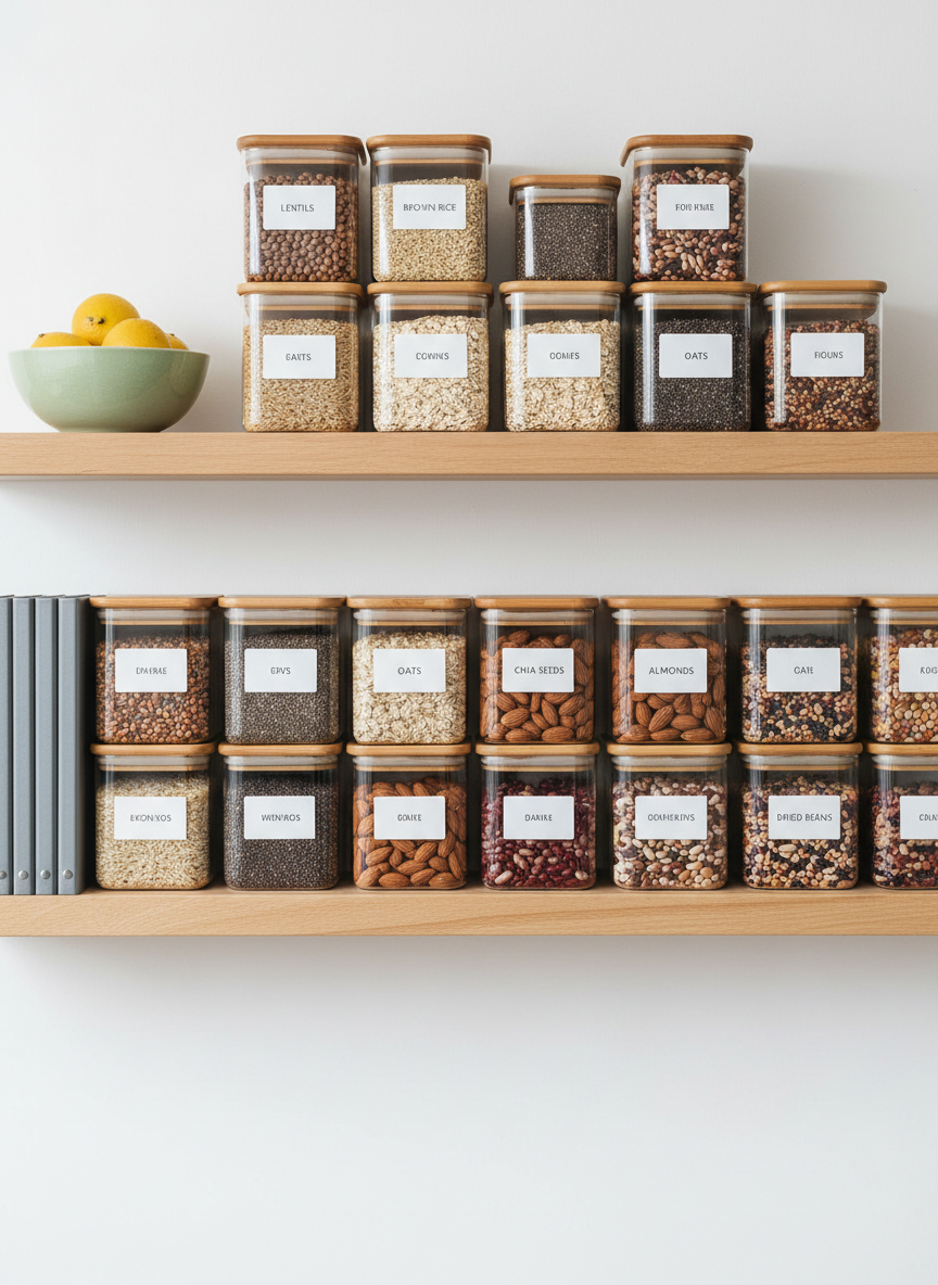 A meticulously organized pantry shelf photographed straight-on, embodying professional, holistic nutrition. Rows of clear, square glass containers with bamboo lids hold whole foods: lentils, brown rice, oats, chia seeds, almonds, colorful dried beans. Each container has a clean white minimalist label with simple typography. To the side, a narrow stack of slate-gray recipe binders and a single pale green ceramic bowl with fresh lemons provide contrast. Soft, indirect daylight filters from above, creating gentle highlights on the glass and subtle shadows under each jar, showcasing their textures and colors. The background is a matte white wall, keeping the focus on the order and abundance. The mood is calm, trustworthy, and aspirational, suggesting structured guidance and sustainable habits. Photographic realism with a crisp, modern, almost clinical clarity that still feels warm and inviting.