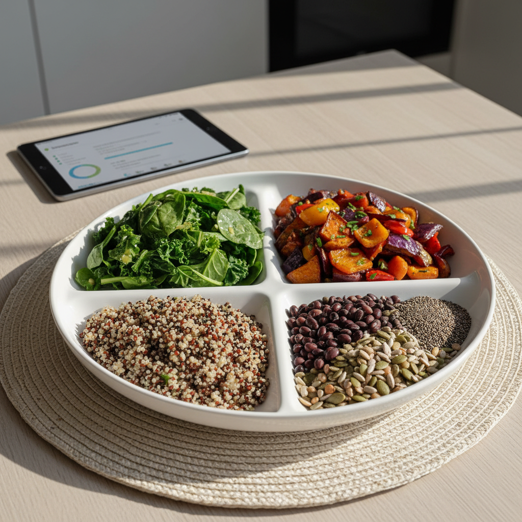 A conceptual holistic nutrition visualization shown in photographic realism: a large, matte white ceramic plate divided mentally into quadrants, each section filled with a different whole food group. Vibrant leafy greens in one quadrant, colorful roasted vegetables in another, a portion of whole grains like quinoa in a third, and a mix of beans and seeds in the last. The plate sits centered on a light ash-wood table with a soft, woven natural placemat beneath. To the side, a slim, silver tablet displays a blurred nutrition consultation dashboard, suggesting professional guidance without being distracting. Soft morning light from a nearby window creates a bright yet gentle ambiance, with subtle shadows and a faint highlight along the plate’s edge. The composition follows the rule of thirds, mood is educational, reassuring, and modern, perfectly aligning with evidence-based nutrition consulting.